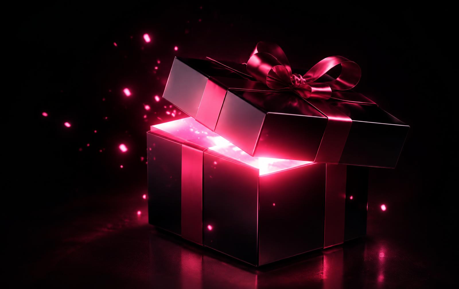 Neon pink gift box glowing on a dark background