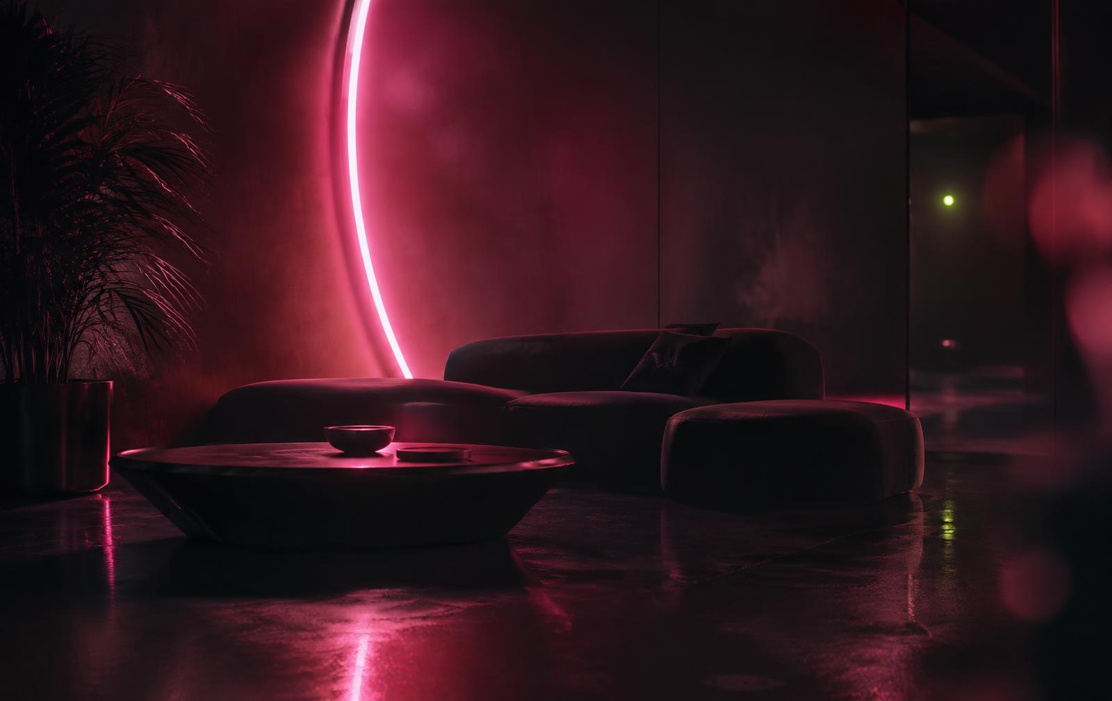 Neon pink casino lights glowing against a dark background