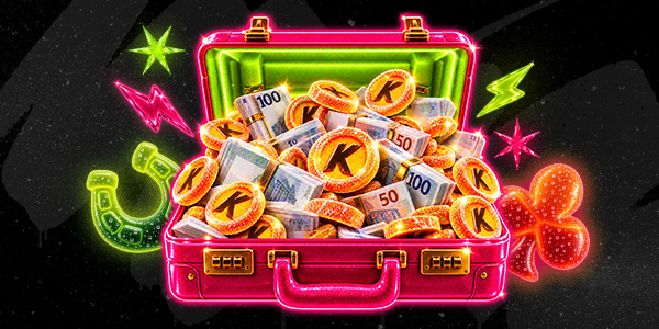 Kirpee Casino welcome offer artwork with a pink suitcase full of coins